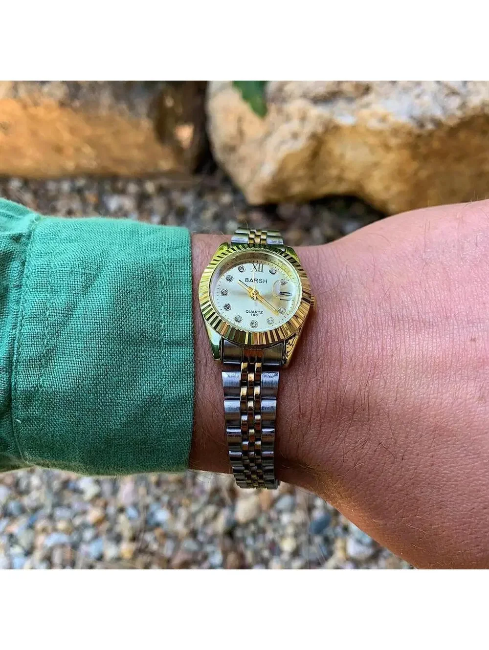 Classy Y2K Style Silver and Gold Watch with Diamond Accents